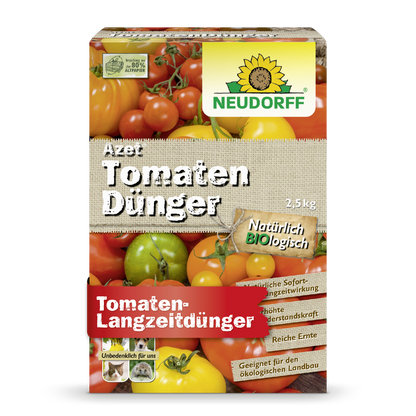 Eine 2,5-kg-Packung Neudorff Shop Azet TomatenDünger zeigt Tomaten und eine gelbe Blume und wirbt mit einem Text, der die langfristige Wirksamkeit für die Tomatendüngung und eine reiche Ernte verspricht.