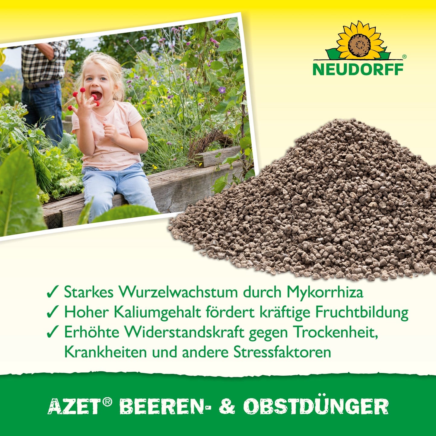 A girl sits in the grass, eating a strawberry and holding a fruit bowl in her hand. Next to her is the Azet Berry & Fruit Fertilizer from Neudorff Shop, which promotes root growth, fruit development, and stress resistance of fruit bushes.