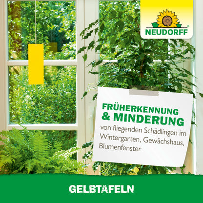 Ein heller Raum mit großen Fenstern, Grünpflanzen und einer gelben Klebefalle aus dem Neudorff Shop Gelbtafeln (kleinformatig). Ein Schild wirbt für die Früherkennung und Reduzierung von fliegenden Pflanzenschädlingen wie Trauermücken und Weiße Fliegen. Das Neudorff-Logo ist sichtbar.
