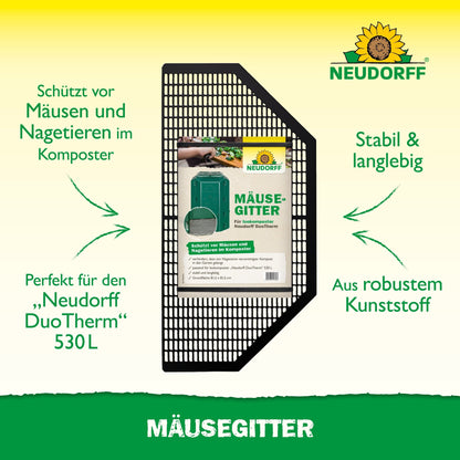 Pictured is a rectangular, black plastic grid, "mouse grid" from Neudorff Shop. It protects against rodents, fits the Neudorff DuoTherm Thermo composter, and features a durable base grid made of sturdy plastic.