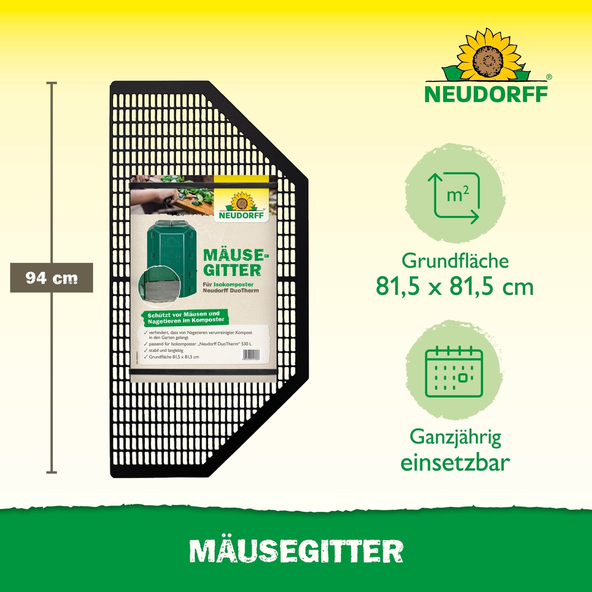 Next to the packaging is a rectangular black mouse grid from the Neudorff Shop. With a height of 94 cm and an area of 81.5 x 81.5 cm, it is ideal for use with a thermo composter or DuoTherm. Year-round usability is indicated by icons.