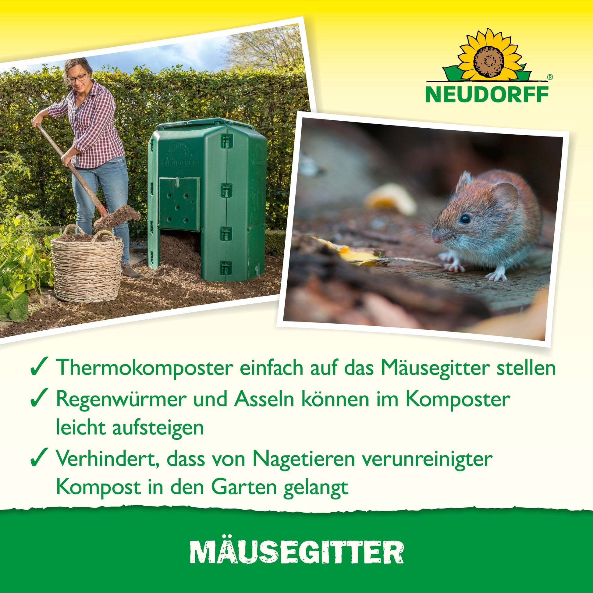 Outdoors, a woman fills compost into a green bin; a close-up shows a mouse. The German text explains that the mouse grid from Neudorff Shop protects the compost from rodents, above it is the Neudorff logo.