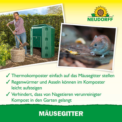 Outdoors, a woman fills compost into a green bin; a close-up shows a mouse. The German text explains that the mouse grid from Neudorff Shop protects the compost from rodents, above it is the Neudorff logo.