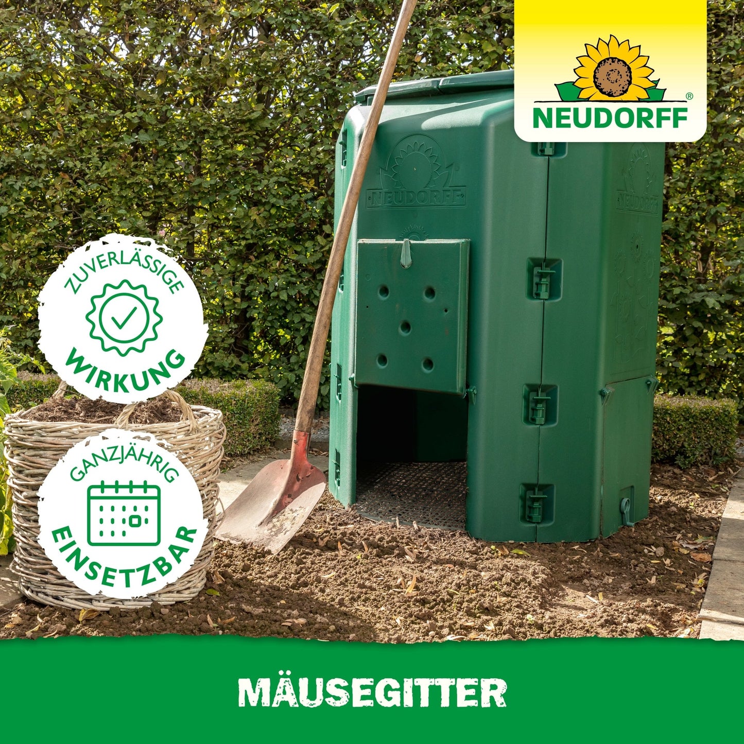 A green Neudorff Shop mouse grid stands by a hedge next to a shovel and a basket and is equipped with plaques for reliability and year-round use. The word "mouse grid" indicates that it keeps rats and mice away - an ideal solution for any garden.