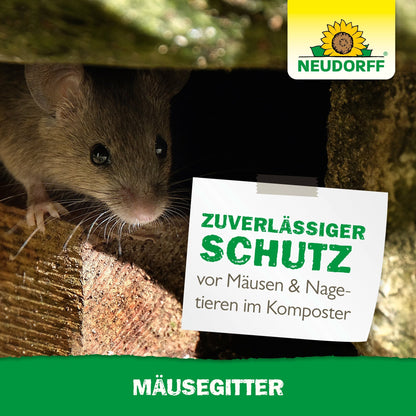 A mouse peers out from a gap between bricks. The image advertises "reliable protection against mice & rodents in composters" with the Neudorff Shop mouse grid.