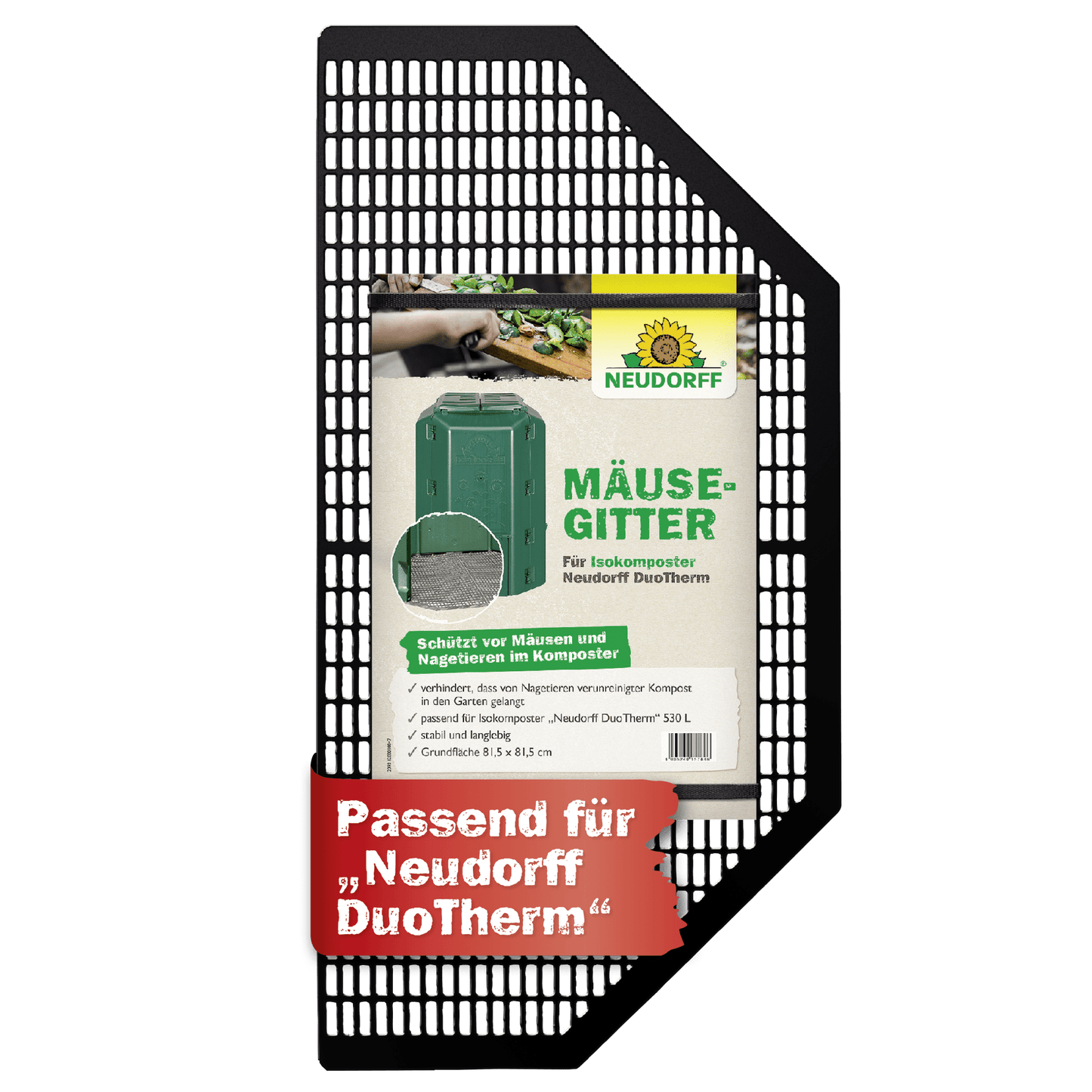 A black metal mouse grid from Neudorff Shop, labeled as mouse protection for compost bins, offers rat protection and is compatible with the Neudorff DuoTherm Thermo composter.