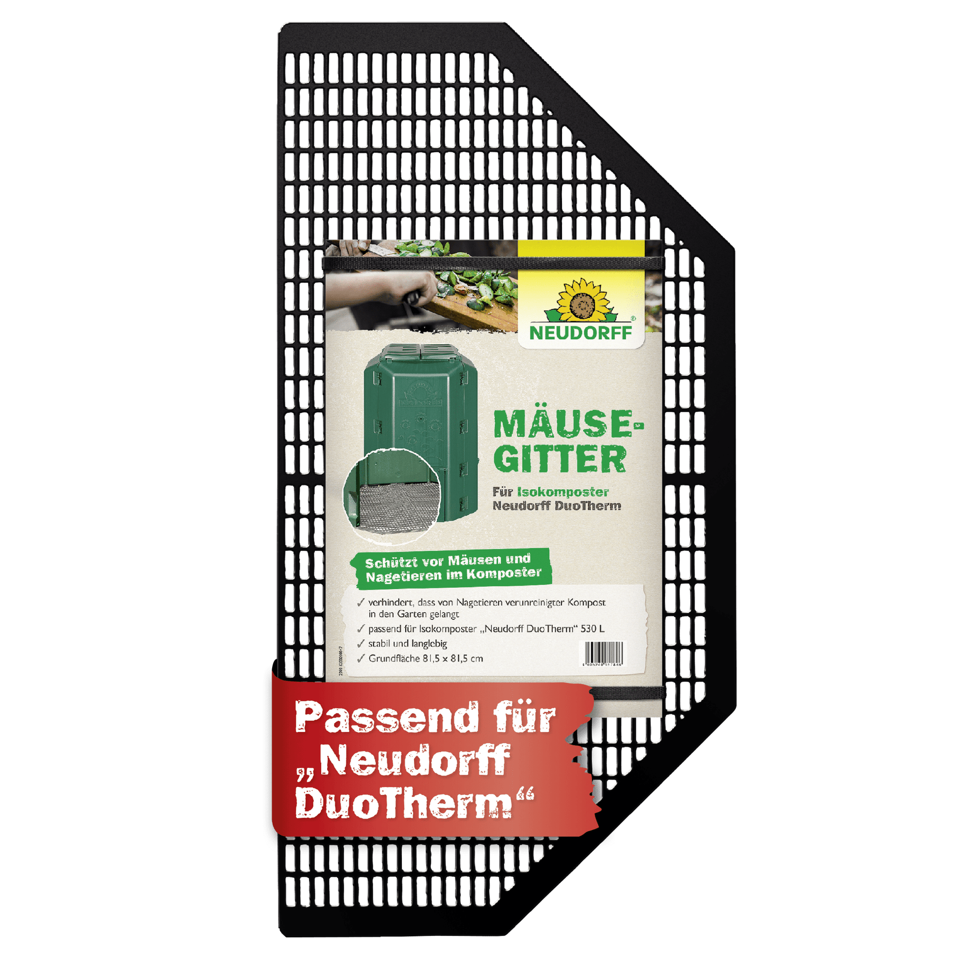 A black metal mouse grid from Neudorff Shop, labeled as mouse protection for compost bins, offers rat protection and is compatible with the Neudorff DuoTherm Thermo composter.
