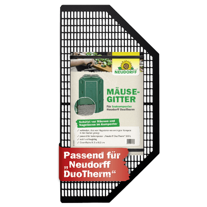 A black metal mouse grid from Neudorff Shop, labeled as mouse protection for compost bins, offers rat protection and is compatible with the Neudorff DuoTherm Thermo composter.