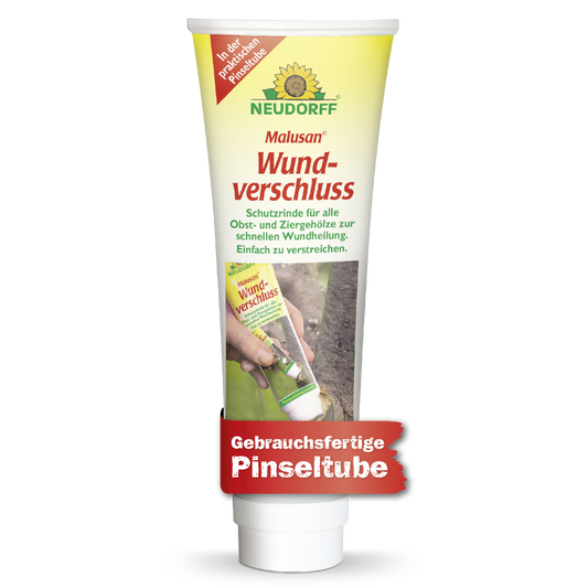 Eine Tube Neudorff Shop Malusan Wundverschluss, ideal zum Verschließen von Wunden nach dem Baumschnitt, abgebildet mit einem Brandzeichen, einer Beschreibung und dem Bild einer Person, die ihn auf einen Baumstamm aufträgt.
