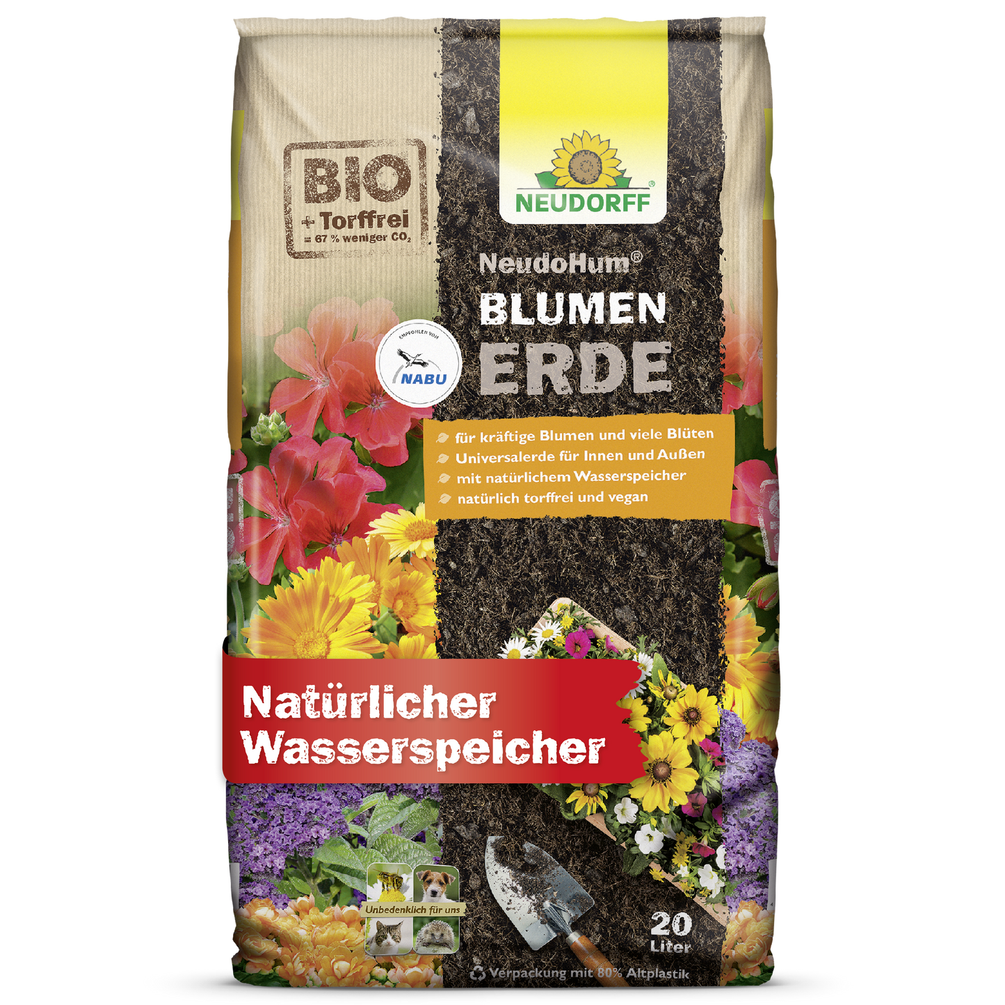 Die 20L NeudoHum BlumenErde von Neudorff Shop ist mit bunten Blumen auf der Verpackung versehen und bietet biologische, torffreie Blumenerde mit natürlichem Wasserrückhalt - perfekt für Gartenpflanzen.