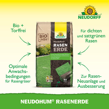 Ein 40-Liter-Sack NeudoHum RasenErde von Neudorff Shop wird auf den Rasen gelegt. Diese torffreie, organische Rasenerde fördert ein starkes Wachstum - perfekt für die Schaffung, Reparatur oder Pflege eines üppigen grünen Rasens.