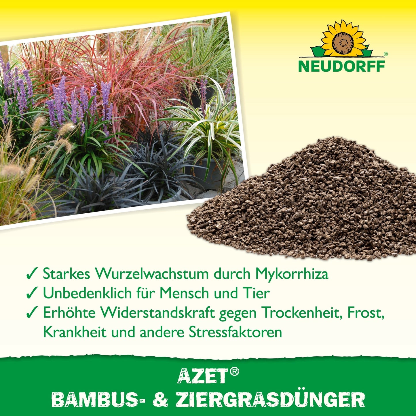Azet Bamboo & Ornamental Grass Fertilizer from Neudorff Shop promotes easy-care grasses and purple flowers, creating a charming focal point in the garden.