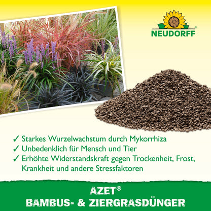 Azet Bamboo & Ornamental Grass Fertilizer from Neudorff Shop promotes easy-care grasses and purple flowers, creating a charming focal point in the garden.
