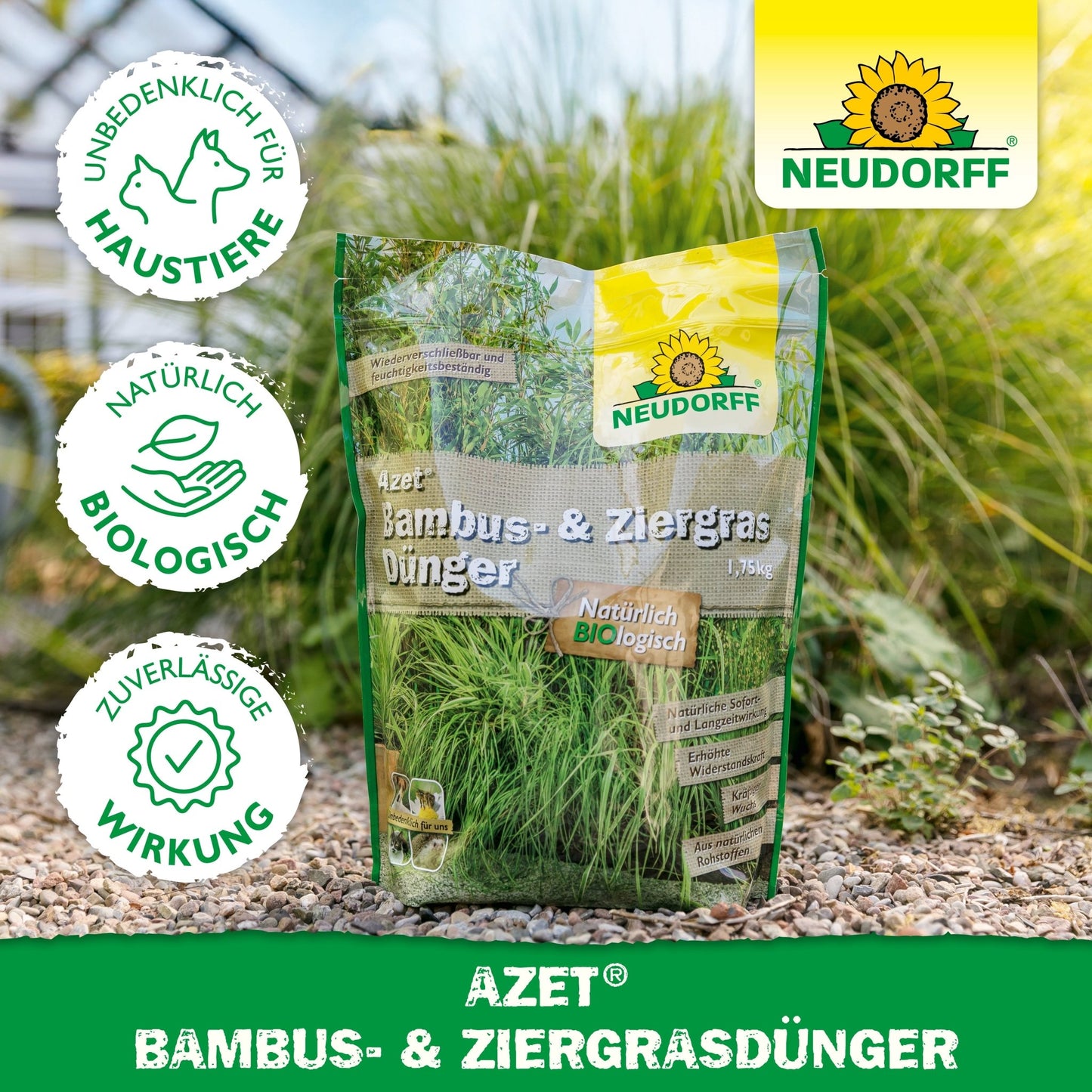 Azet Bamboo & Ornamental Grass Fertilizer from the Neudorff Shop is placed outdoors on stone, ideal for easy-care grasses and gardens. The packaging features certification symbols and the Neudorff logo.