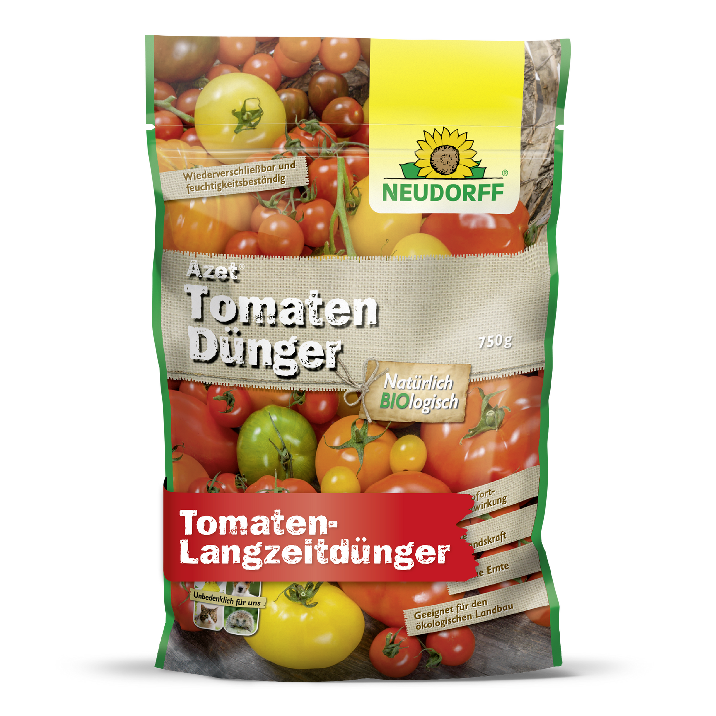 Der 750g-Beutel Azet TomatenDünger von Neudorff Shop ist mit Tomatenmotiven und einem gelben Sonnenblumen-Logo versehen. Dieser organische Volldünger liefert natürliche, langfristige Nährstoffe für reichhaltige Tomatenernten.