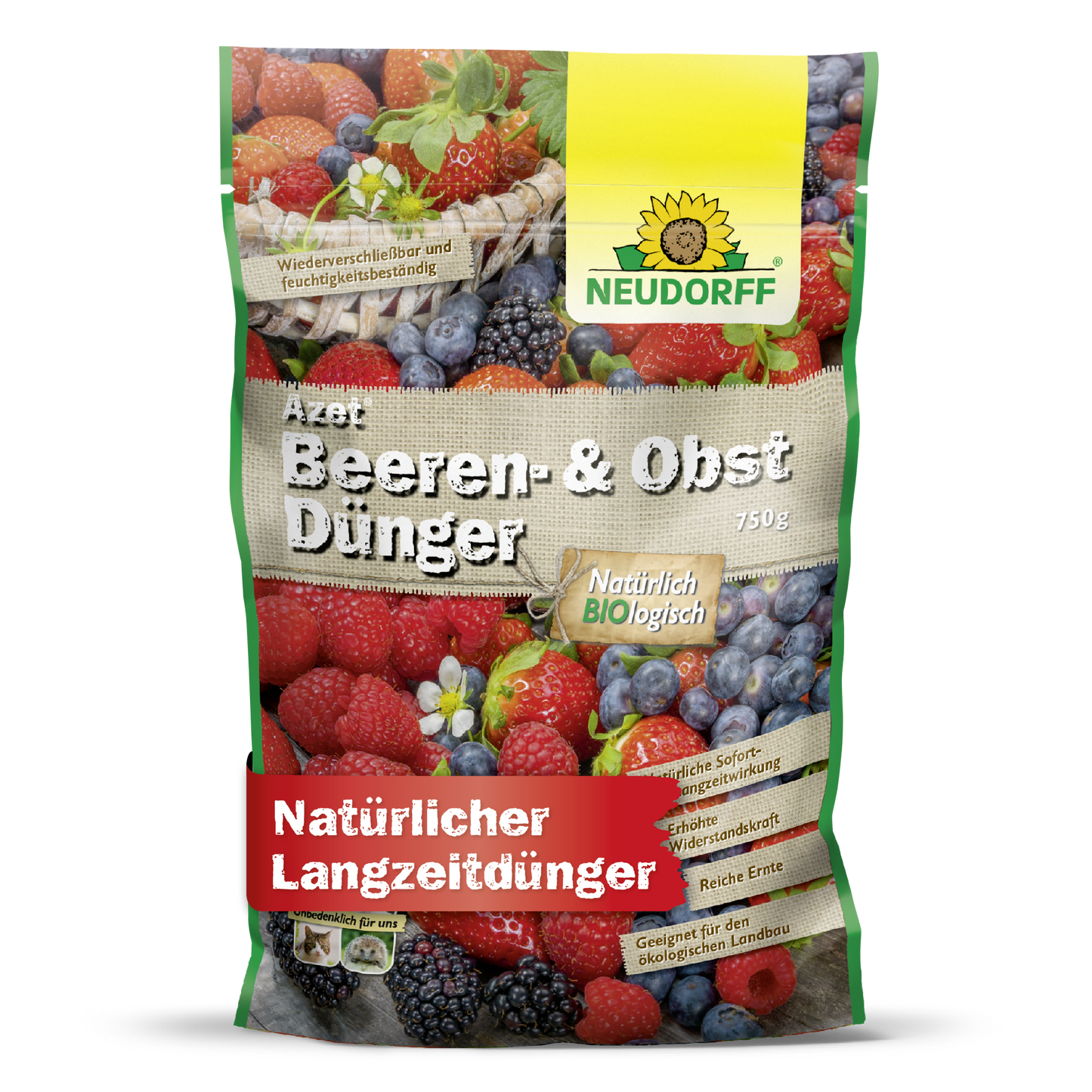 A colorful 750-g bag of Neudorff Shop Azet Berry & Fruit Fertilizer, a natural organic fertilizer for berries and fruit bushes, is adorned with berry images and text highlighting its benefits on the packaging.