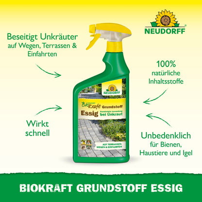 Eine grüne Sprühflasche mit der Aufschrift "Neudorff BioKraft Grundstoff Essig" aus dem Neudorff Shop steht aufrecht. Der deutsche Text hebt die natürlichen Inhaltsstoffe, die schnelle Wirkung und die sichere, effektive Unkrautentfernung für tier- und bienenfreundliche Terrassen und Wege hervor.