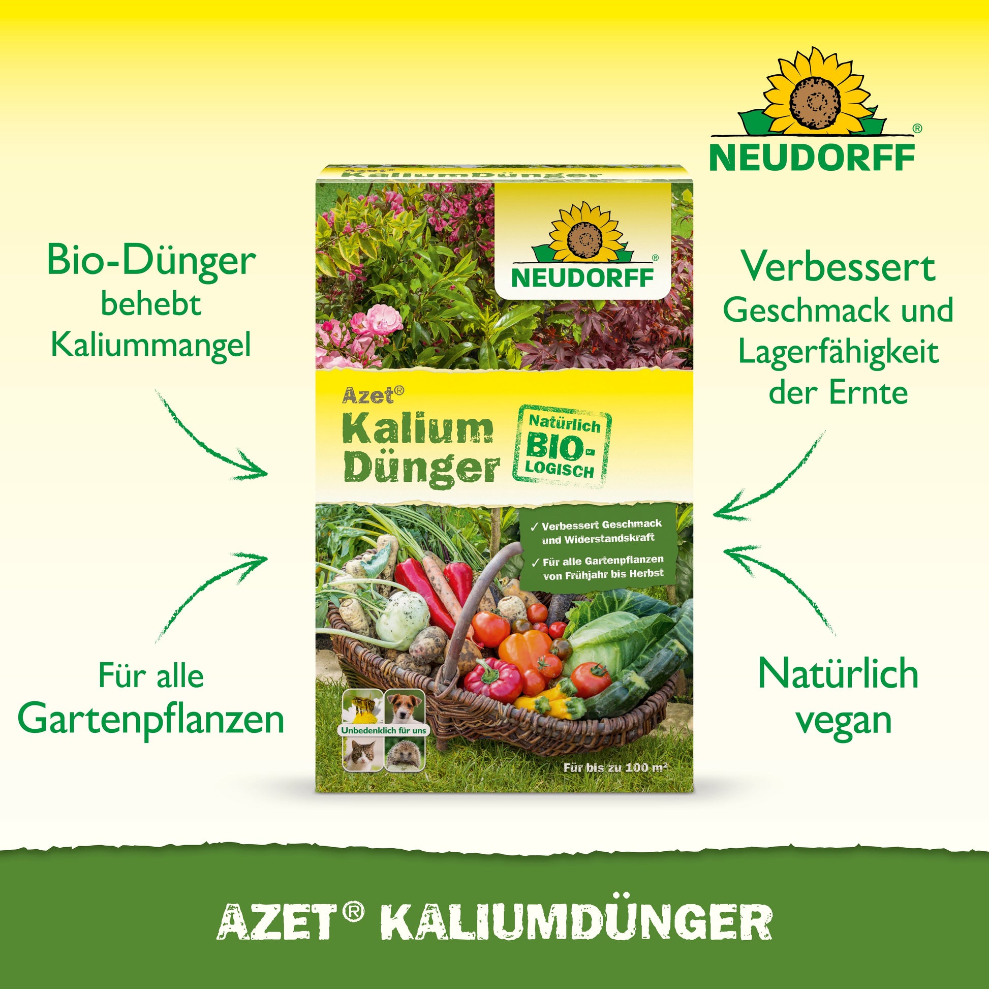 Abgebildet ist eine Schachtel Neudorff Shop Azet KaliumDünger mit Pfeilen und Text, der die Vorteile hervorhebt, wie z. B. die Korrektur von Kaliummangel, die Eignung für alle Pflanzen, die Verbesserung der Ernten und eine vegane Formel.