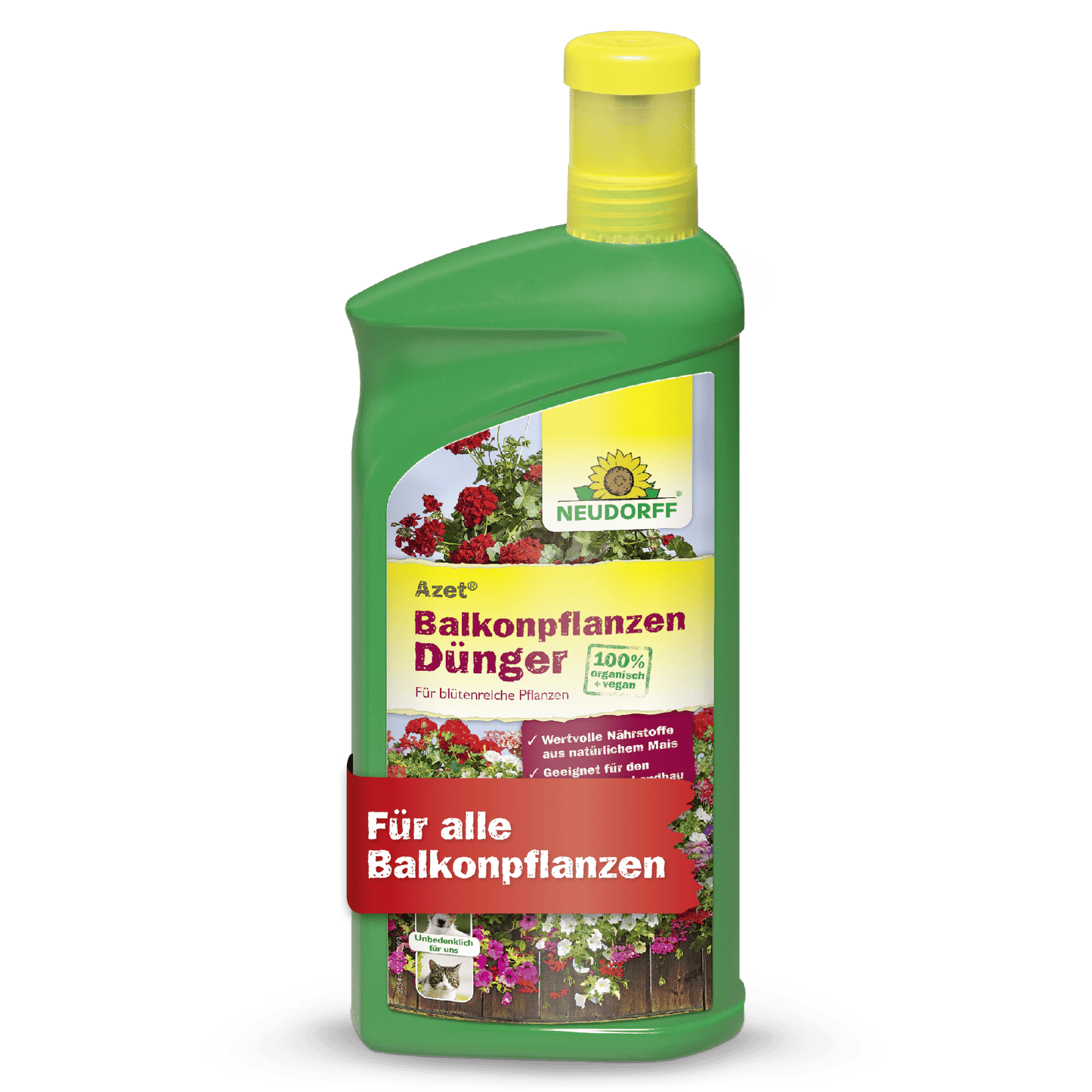 Eine grüne Flasche Neudorff Shop Azet BalkonpflanzenDünger flüssig mit gelber Kappe ist mit einem Etikett mit Blumen und deutschem Text versehen, ideal für alle Balkonpflanzen wie Sommerblumen und Balkonkästen.