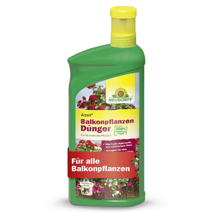 Eine grüne Flasche Neudorff Shop Azet BalkonpflanzenDünger flüssig mit gelber Kappe ist mit einem Etikett mit Blumen und deutschem Text versehen, ideal für alle Balkonpflanzen wie Sommerblumen und Balkonkästen.
