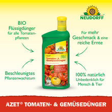 Eine grüne Flasche Neudorff Shop Azet Tomaten- & GemüseDünger flüssig ist mit Tomaten, Paprika und Gurken auf dem Etikett abgebildet. Der deutsche Text hebt organischen Flüssigdünger und natürliche Inhaltsstoffe für Balkongemüse hervor.