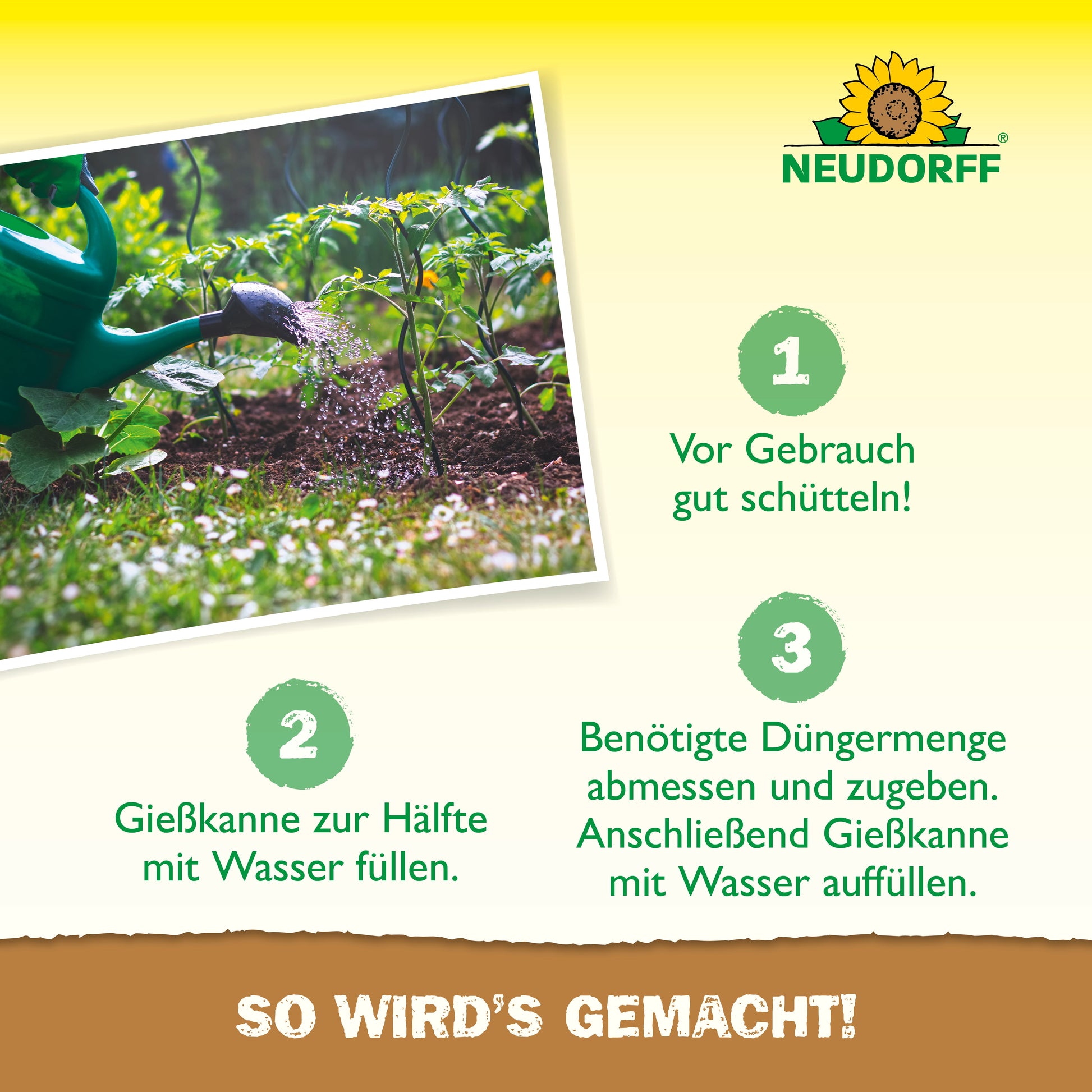 Der Neudorff Shop Azet UniversalDünger flüssig kann in einer Gießkanne angemischt werden, indem man ihn bis zur Hälfte füllt, den Flüssigdünger hinzufügt, mit Wasser auffüllt und der deutschen Anleitung für das ideale Nährstoffverhältnis folgt. Das Neudorff-Logo erscheint oben rechts.