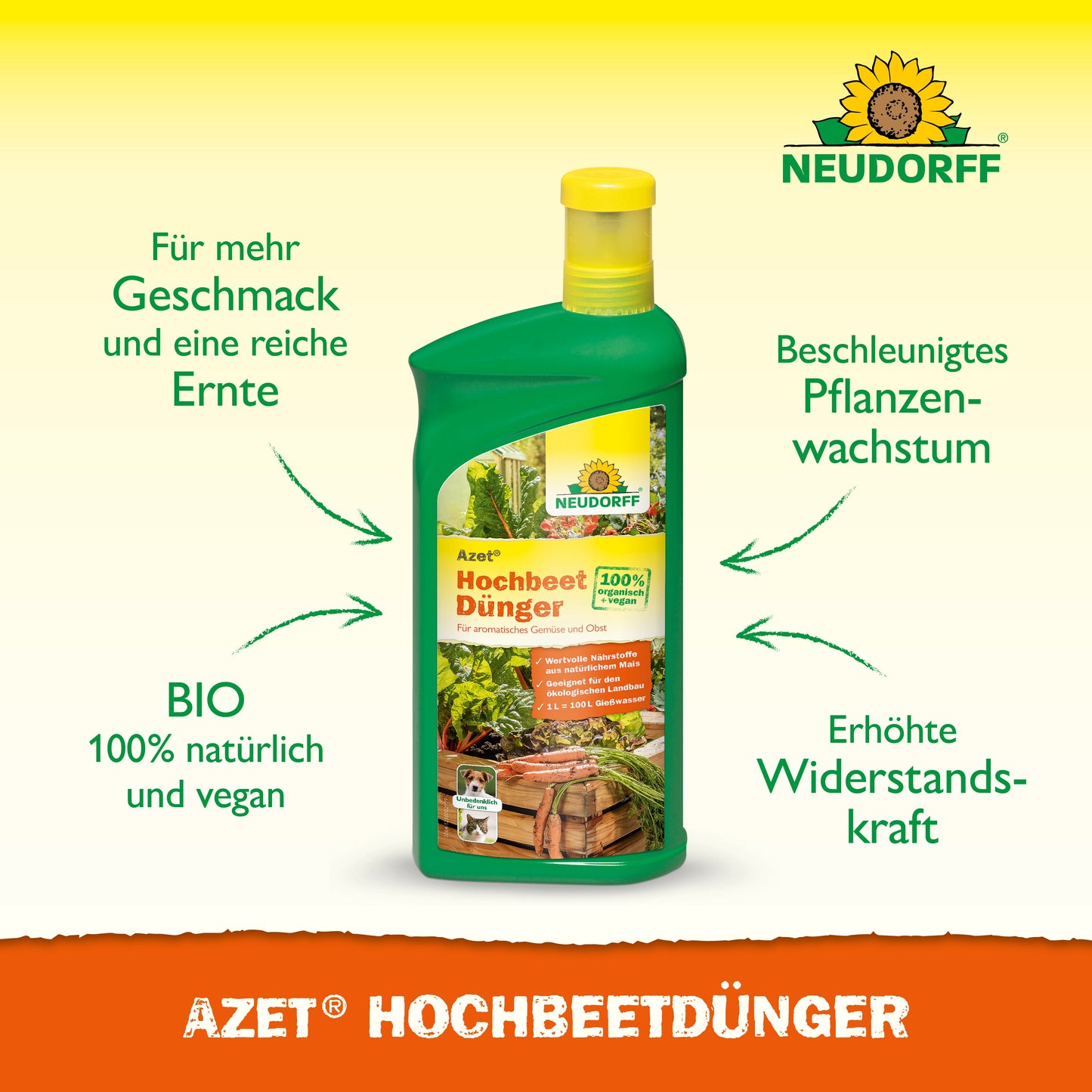 Eine grüne Kunststoffflasche von Neudorff Shop Azet HochbeetDünger flüssig mit gelber Kappe, auf der ein Text über die biologischen, pflanzlichen Nährstoffe für Hochbeetgärten steht, die den Geschmack und den Ertrag verbessern und ein gesundes Pflanzenwachstum unterstützen.