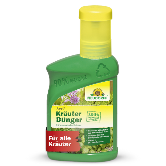Eine grüne Plastikflasche von Neudorff Shop Azet KräuterDünger flüssig mit gelbem Verschluss, 100% biologisch, ideal für die Gesundheit aller Kräuter, mit Kräuterbildern und Recycling-Informationen auf der Verpackung.