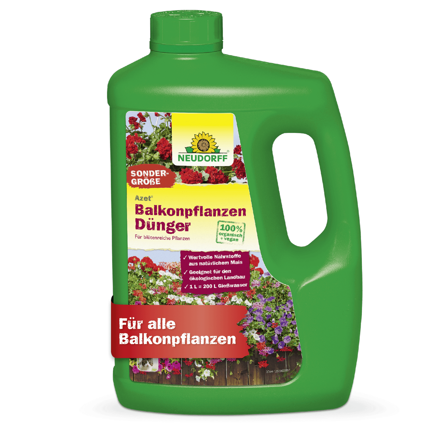 Eine grüne Plastikflasche Azet BalkonpflanzenDünger flüssig von Neudorff Shop für Balkonpflanzen und Sommerblumen, mit grüner Kappe, Tragegriff und einem bunten Etikett mit Blumen und Produktangaben.