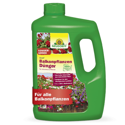 Eine grüne Plastikflasche Azet BalkonpflanzenDünger flüssig von Neudorff Shop für Balkonpflanzen und Sommerblumen, mit grüner Kappe, Tragegriff und einem bunten Etikett mit Blumen und Produktangaben.