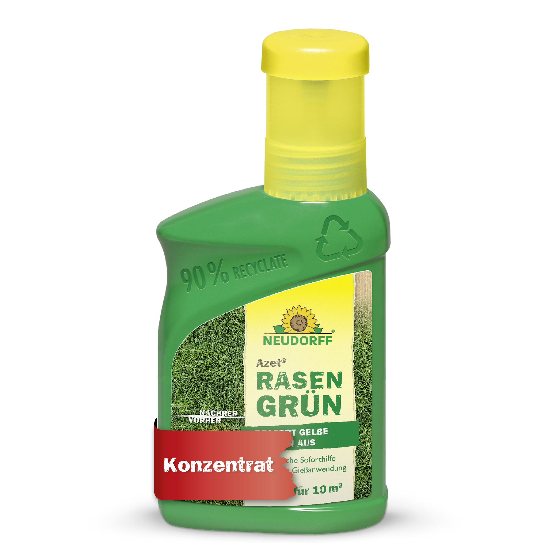 Azet RasenGrün von Neudorff Shop kommt in einer grünen Kunststoffflasche (90% recycelt), gelber Verschluss, Grasbild, und ist ein Rasenpflegekonzentrat für 10 m², das saftig grünen Rasen in nur 4 Tagen verspricht.