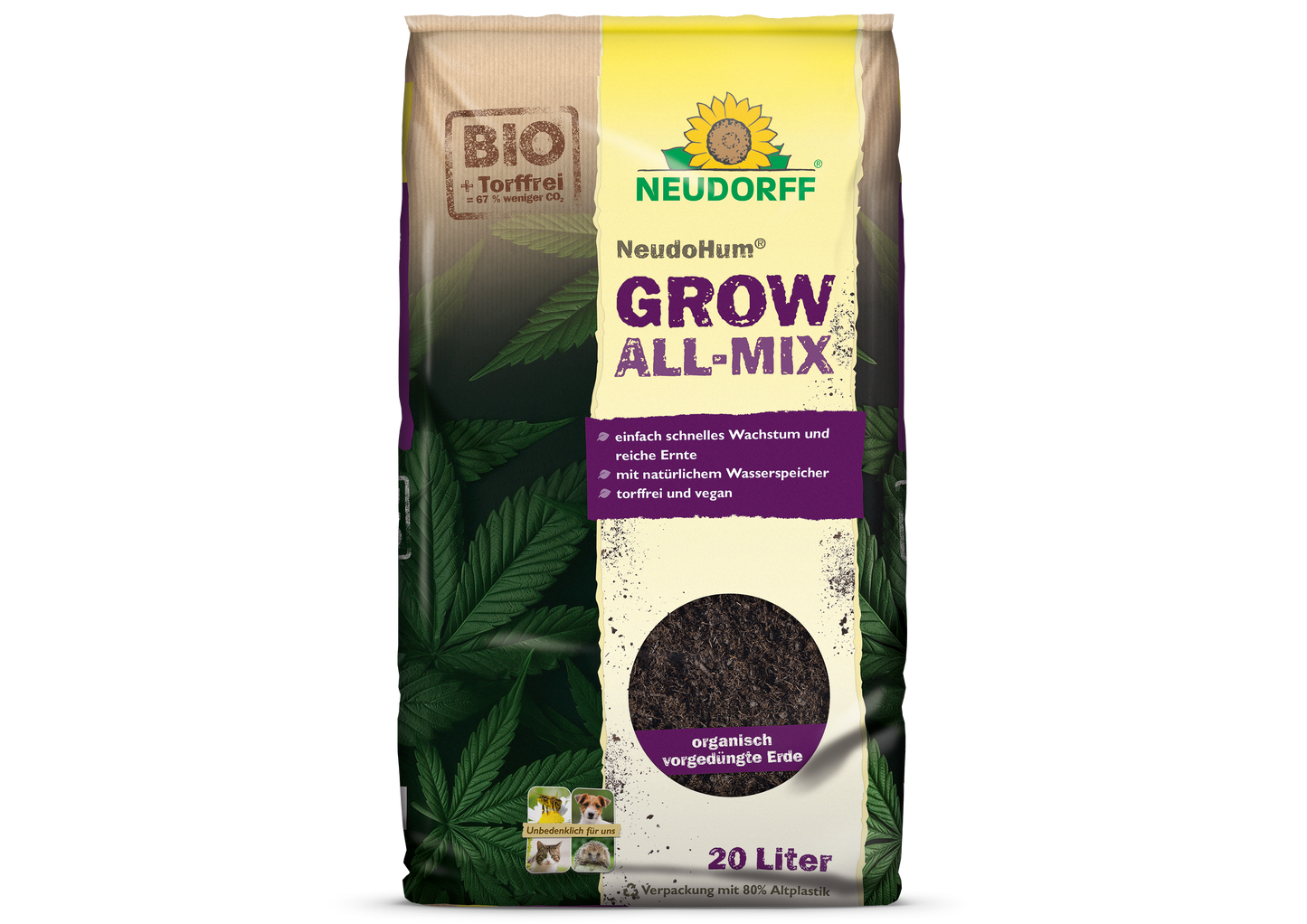 Ein 20-Liter-Beutel NeudoHum Grow All-Mix von Neudorff Shop in braun-violetter Verpackung mit "BIO"- und "torffrei"-Etiketten, entwickelt für den Cannabis-Anbau und eine gesunde Blüte.