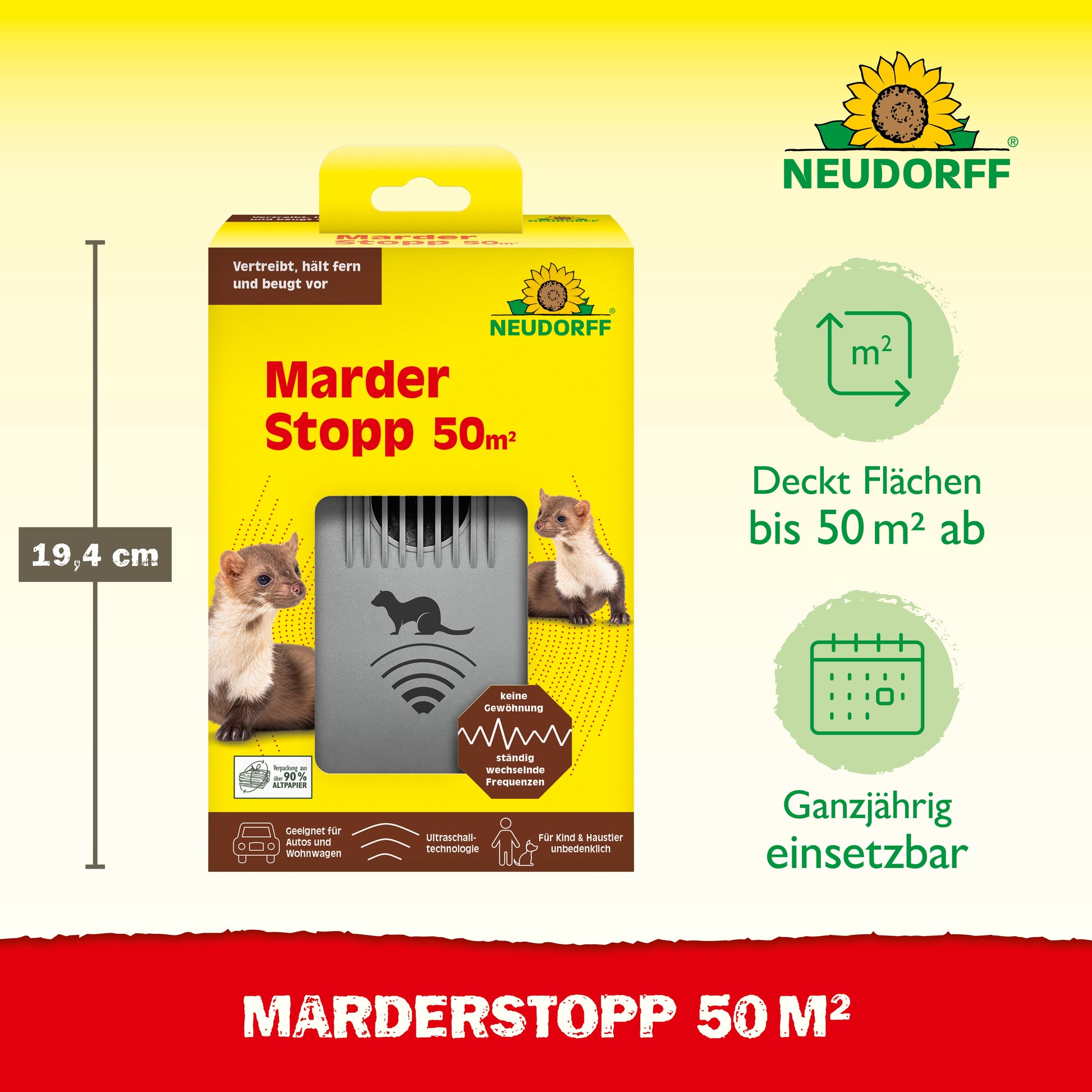 Die gelbe MarderStopp 50m2 Box von Neudorff Shop zeigt Marder, Symbole für die Reichweite (bis zu 50m²), eine Geräteabbildung und einen Text, der die Ultraschalltechnologie hervorhebt.