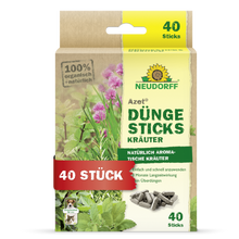 Eine Schachtel Neudorff Shop Azet Düngesticks für Kräuter enthält 40 Düngestäbchen für aromatische Kräuter. Die grün-beige Verpackung mit deutschem Text nährt die in Topferde angebauten Kräuter.