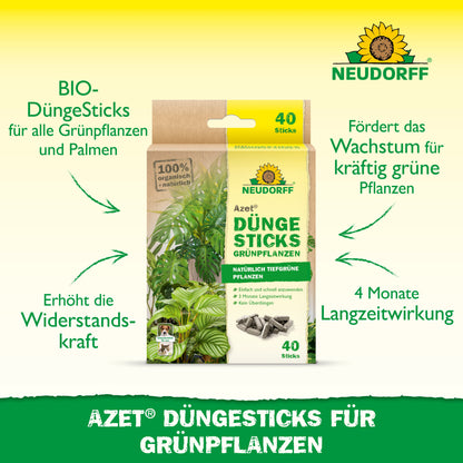 Auf der Verpackung des Neudorff Shop Azet Düngesticks für Grünpflanzen stehen Nährstoffdepot, Bio-Inhaltsstoffe, Langzeitwirkung und Vorteile wie Unterstützung des gesunden Wachstums - alles in deutscher Schrift.