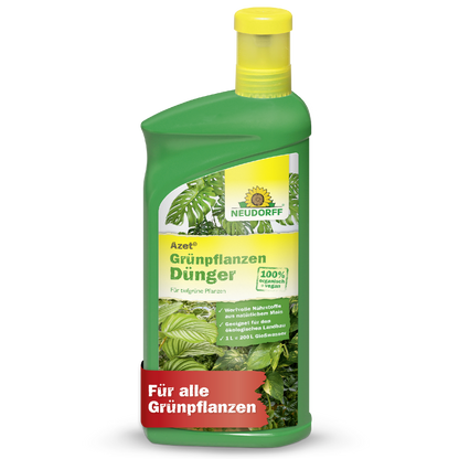 Eine grüne Plastikflasche von Neudorff Shop Azet GrünpflanzenDünger flüssig mit einer gelben Kappe. Auf dem Etikett sind üppige grüne Pflanzen und ein deutscher Text zu sehen, der zeigt, dass es sich um einen Dünger handelt, der wichtige Nährstoffe zur Unterstützung gesunder Grünpflanzen liefert.