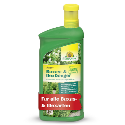 Neudorff Shop Azet Buxus- & IlexDünger flüssig Flasche aus grünem Kunststoff mit gelbem Deckel, ideal für immergrüne Kübelpflanzen. Auf dem Etikett sind Grünpflanzen und ein roter Schriftzug abgebildet: "Für alle Buxus- & Ilexarten.