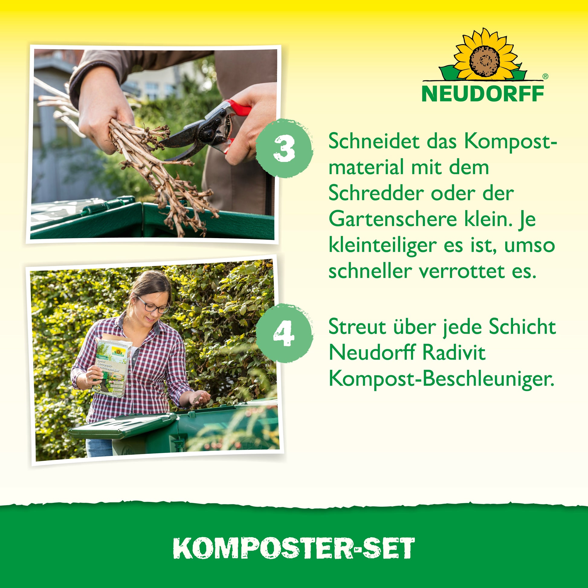 Zwei Bilder zeigen, wie das Neudorff Shop Komposter-Set verwendet wird: Hände schneiden Zweige mit einer Schere, und eine Frau streut das Produkt auf den Kompost in einer Tonne. Der deutsche Text und das Neudorff Shop-Branding sind sichtbar.
