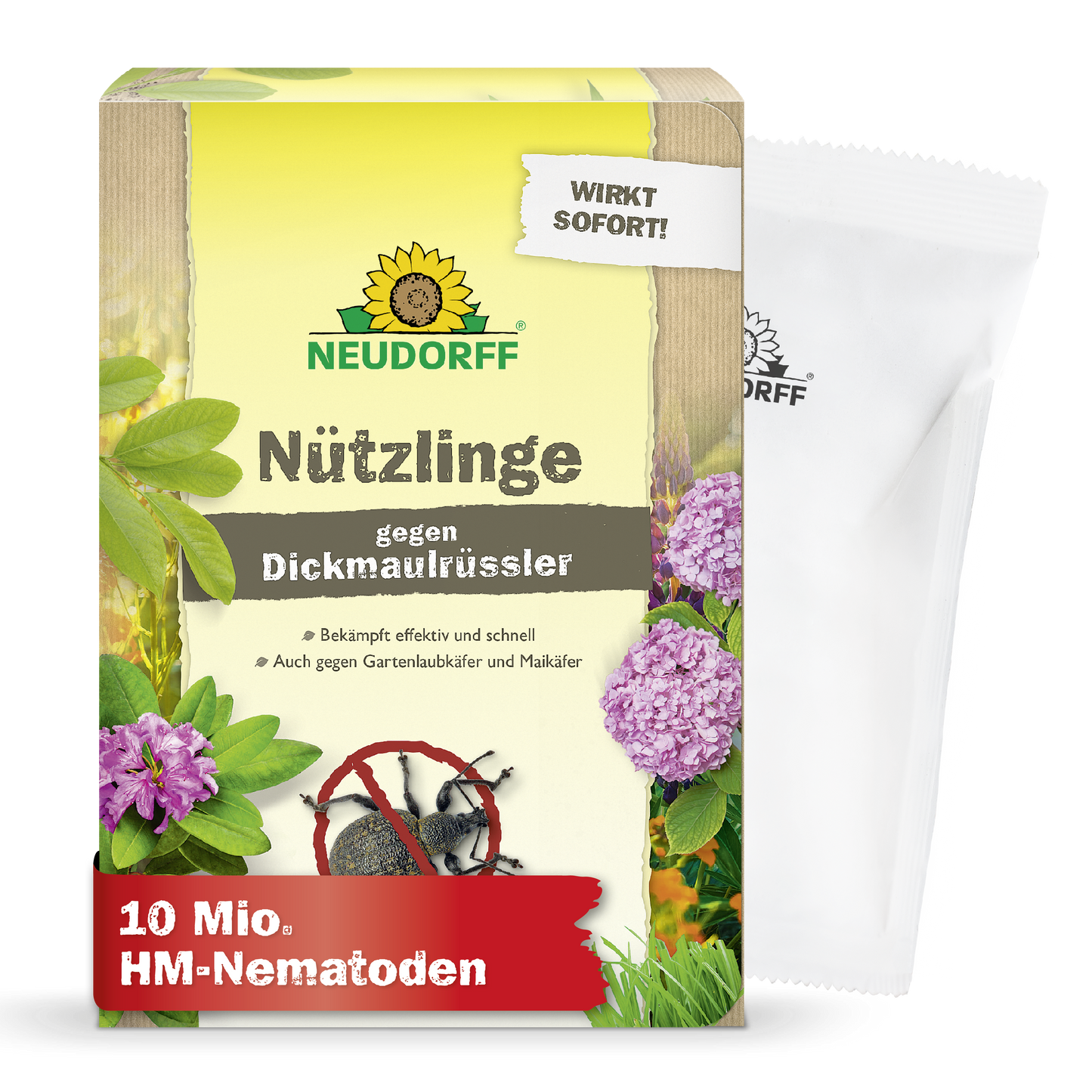 Eine Neudorff Shop Nützlinge gegen Dickmaulrüssler Box mit Branding, Blumen, Käfer und "10 Mio. HM-Nematoden" bietet eine effektive Garten- und Engerlinge-Schädlingsbekämpfung. HM-Nematoden" bietet effektive Garten- und Engerlinge-Schädlingsbekämpfung. Hinter der Schachtel ist ein weißer Beutel teilweise sichtbar.