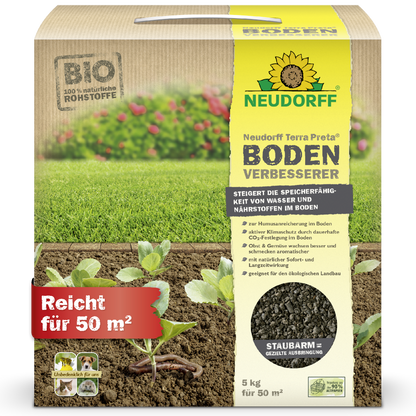 Ein 5 kg-Karton des Neudorff Shop Neudorff Terra Preta BodenVerbesserer deckt 50 m² ab. Auf der Verpackung sind blühende Früchte und Pflanzen abgebildet, die den idealen Einsatz für die Verschönerung von Rasen und Garten verdeutlichen.