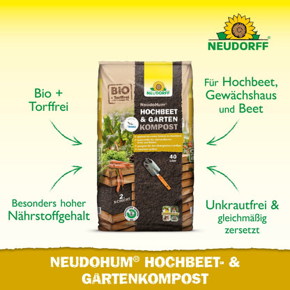 A 40-liter bag of Neudorff Shop NeudoHum Raised Bed & Garden Compost is placed on the ground and shows symbols for organic, peat-free plant substrate, high nutrient content, weed freedom, and suitability for raised beds and gardens.