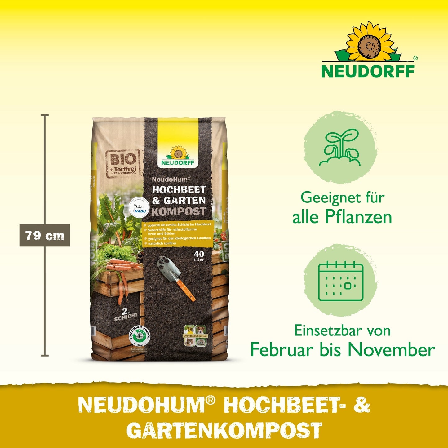 Pictured is a 40-liter bag of NeudoHum Raised Bed & Garden Compost from Neudorff Shop (79 cm high). Peat-free, organic, ideal for all plants as a planting substrate and soil layer in raised beds, usable Feb-Nov.