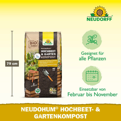 Pictured is a 40-liter bag of NeudoHum Raised Bed & Garden Compost from Neudorff Shop (79 cm high). Peat-free, organic, ideal for all plants as a planting substrate and soil layer in raised beds, usable Feb-Nov.