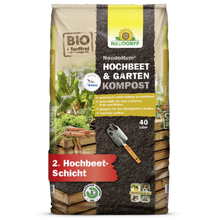 Ein 40-Liter-Sack NeudoHum Hochbeet- & GartenKompost von Neudorff Shop - biologischer, torffreier Kompost für Hochbeete oder Gärten, mit Gemüse und einer Kelle auf der Vorderseite.