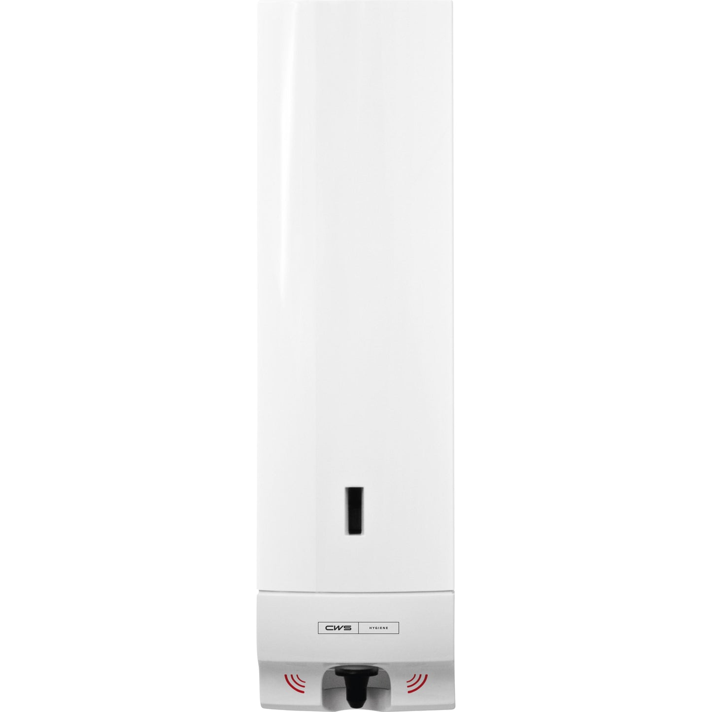 The CWS ParadiseLine foam soap dispenser Foam Slim Non-Touch in white is a wall dispenser with a visible soap level window, black sensor for touchless hygiene, and the CWS hygiene logo above the nozzle.