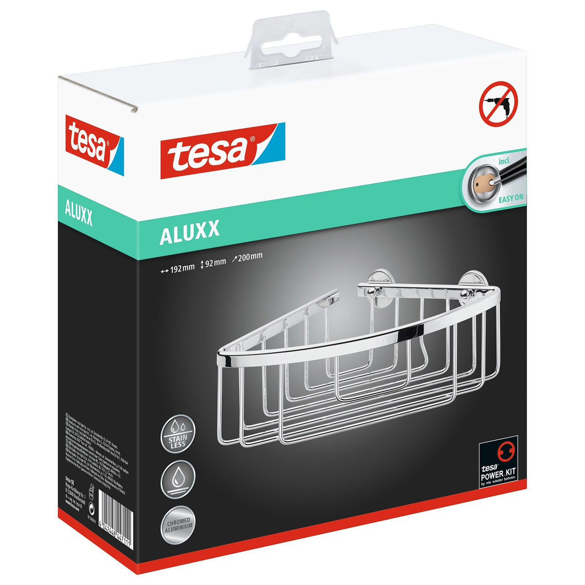 tesa ALUXX Single-Tier Corner Shower Basket, Aluminum, Chrome-Plated, Includes Adhesive Solution