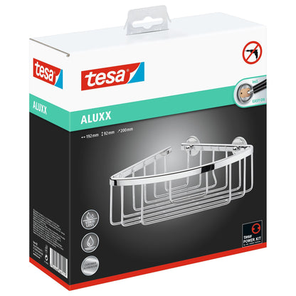 tesa ALUXX Single-Tier Corner Shower Basket, Aluminum, Chrome-Plated, Includes Adhesive Solution