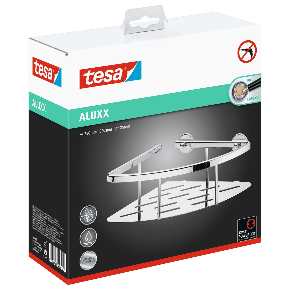 tesa ALUXX Corner Shelf for Shower, Single-Tier, Aluminum, Chrome-Plated, Adhesive Mount
