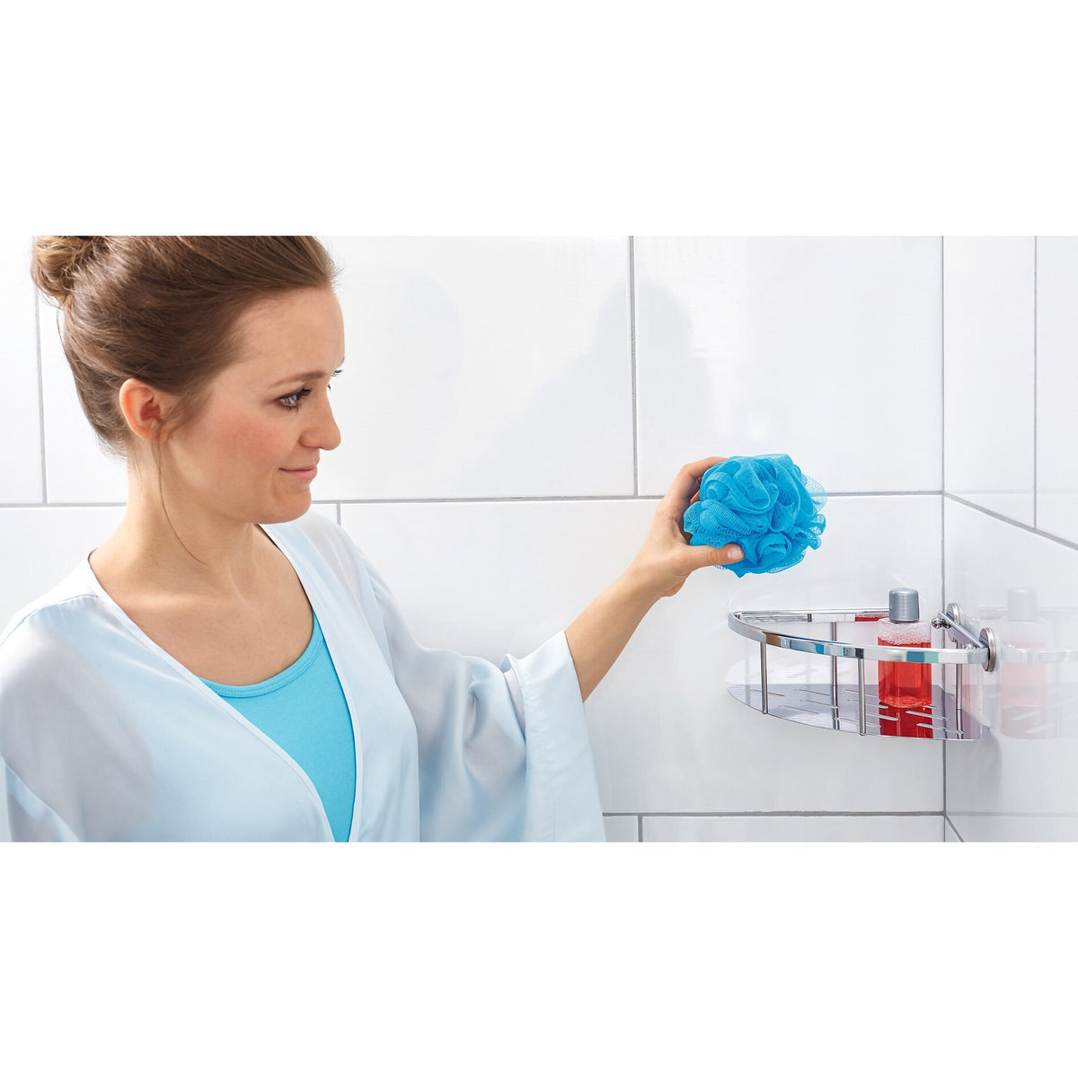 tesa ALUXX Corner Shelf for the Shower, Single-Tier, Aluminum, Chrome-Plated, Adhesive Mount – Application