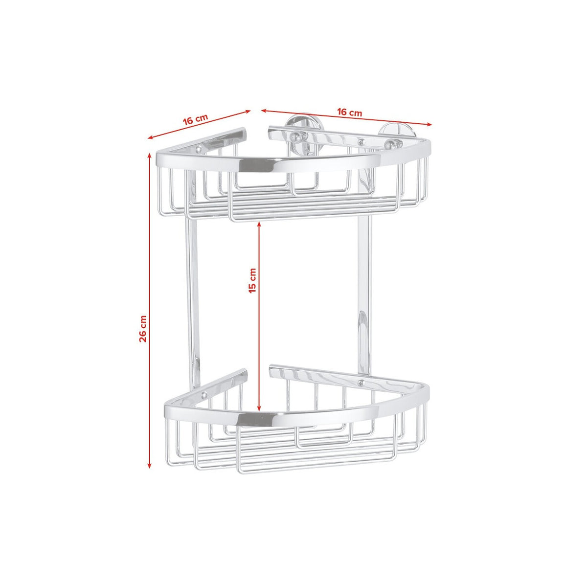 tesa ALUXX Corner Shower Shelf, Two-Tier, Aluminum, Chrome-Plated, Adhesive Mount – Dimensions